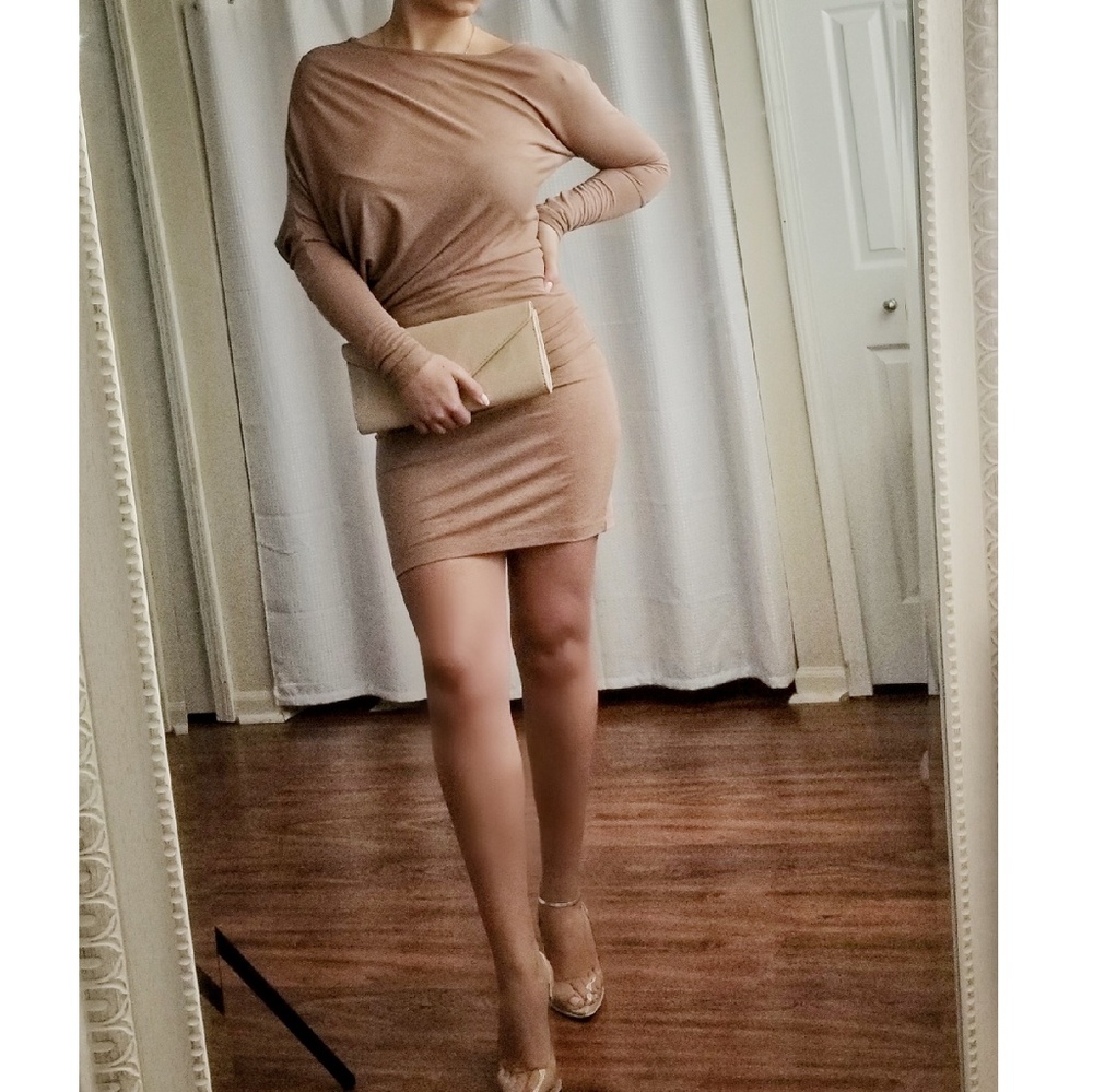 BCBG MaxAzria fitted stretchy shimmery taupe dress